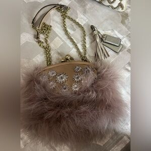 RARE Coach- Pink Poppy Feathered & Jeweled Frame Clutch Bag